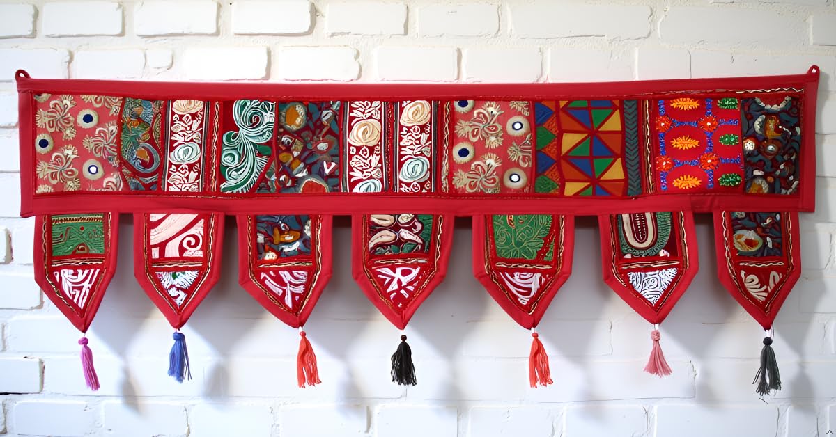 ICC valances for windows Toran Cotton Vintage Patchwork Door Hanging Valance Window Hand Embroidered Bohemian Decor Living Room Wall bedroom living room Home Handmade Decorations Red 42 Inches