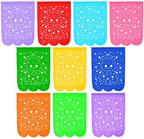 Festive Large PLASTIC Day of the Dead Skulls Calavera Día de Muertos Mexican Papel Picado Banner (15 Feet Long)