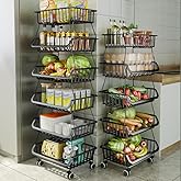 CarolynDesign Kitchen Storage Baskets Black Iron Wire Storage Bins with Wheels and Feet, Stackable Vegetable Storage Baskets (6-Tier Baskets)