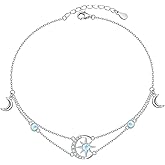 Anklets for Women 925 Sterling Silver Moon Star Adjustable Foot Anklet Moonstone Boho Summer Beach Double Layer Anklets Bracelet Jewelry for Women Birthday Holiday Christmas