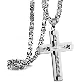 AOOMO Silver 316L Stainless Steel Cross Necklace For Men, Byzantine Chain Necklace with Chunky Cross Pendant, Crucifix Catholic Christian Jewelry for Men