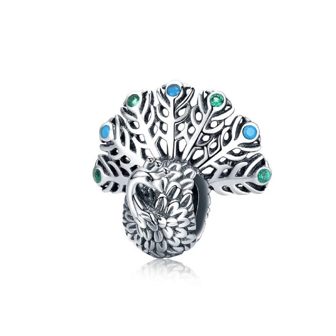 FeatherWish Sterling Silver 925 Peacock Bird Animal Love Nature Bead Charm With Cubic Zirconia Fits And Compatible With Pandora Bracelets Gift Birthday Wife Friend Sister Mum