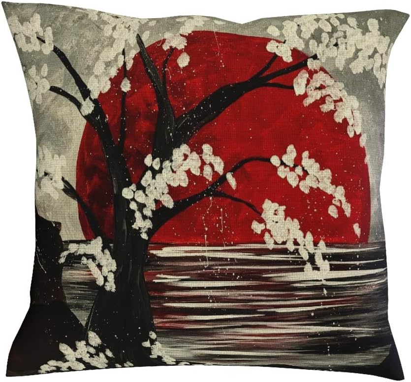 Beautiful Sakura Tree Red Moon Lake Ukiyoe Print Pillow Case Throw Japanese Style Pillow Cover Traditional Folkart Theme Cushion Cover Nature Landscape Artwork Sofa Bed Pillowcase white 18 x 18