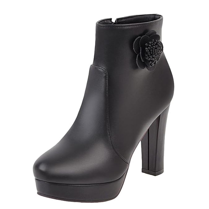UH Damen High Heels Plateau Stiefeletten Ankle Boots mit Blockabsatz und Blumen Reißverschluss Hochzeit Braut Schuhe