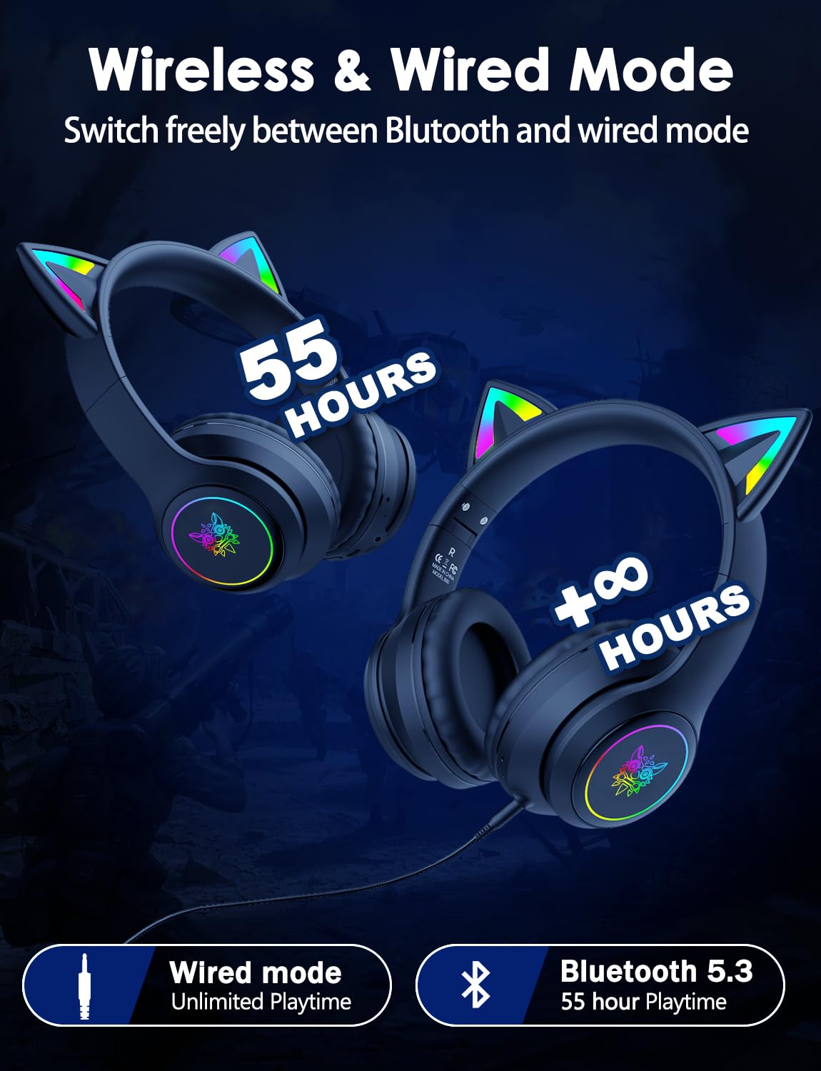 Cat Ear Bluetooth Headphones for Kids & Adults, 55H Play Time, Wireless Foldable & Wired Multi-Function LED Light Up Over Ear Headphones with Mic and Volume Control for iPhone/iPad/Laptop/PC