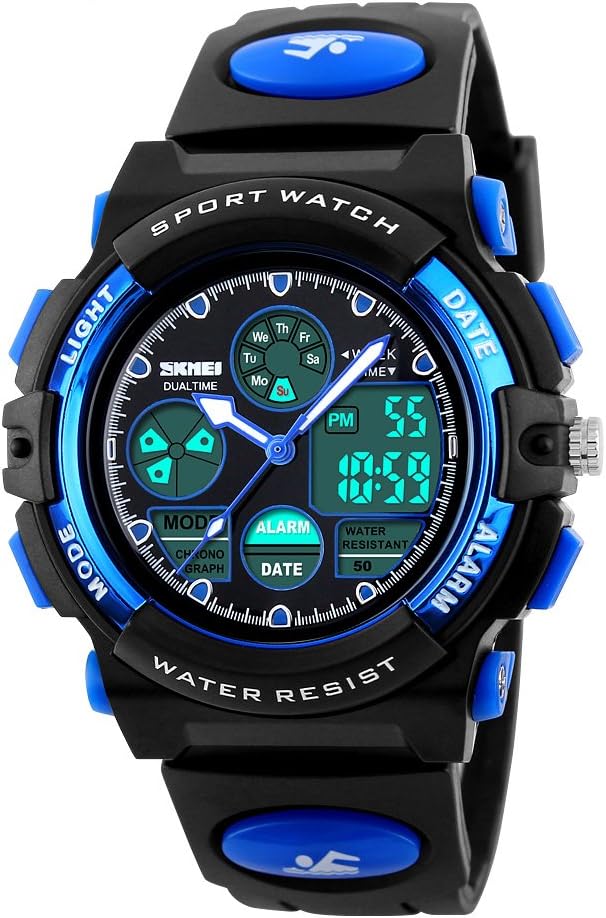 SKMEI Kids Sport Outdoor Digital Unusual Analog Quartz Dual Time Zone Waterproof PU Resin Band Watch with Chronograph, Alarm, Classic Design Calendar Date Window Teenagers Children