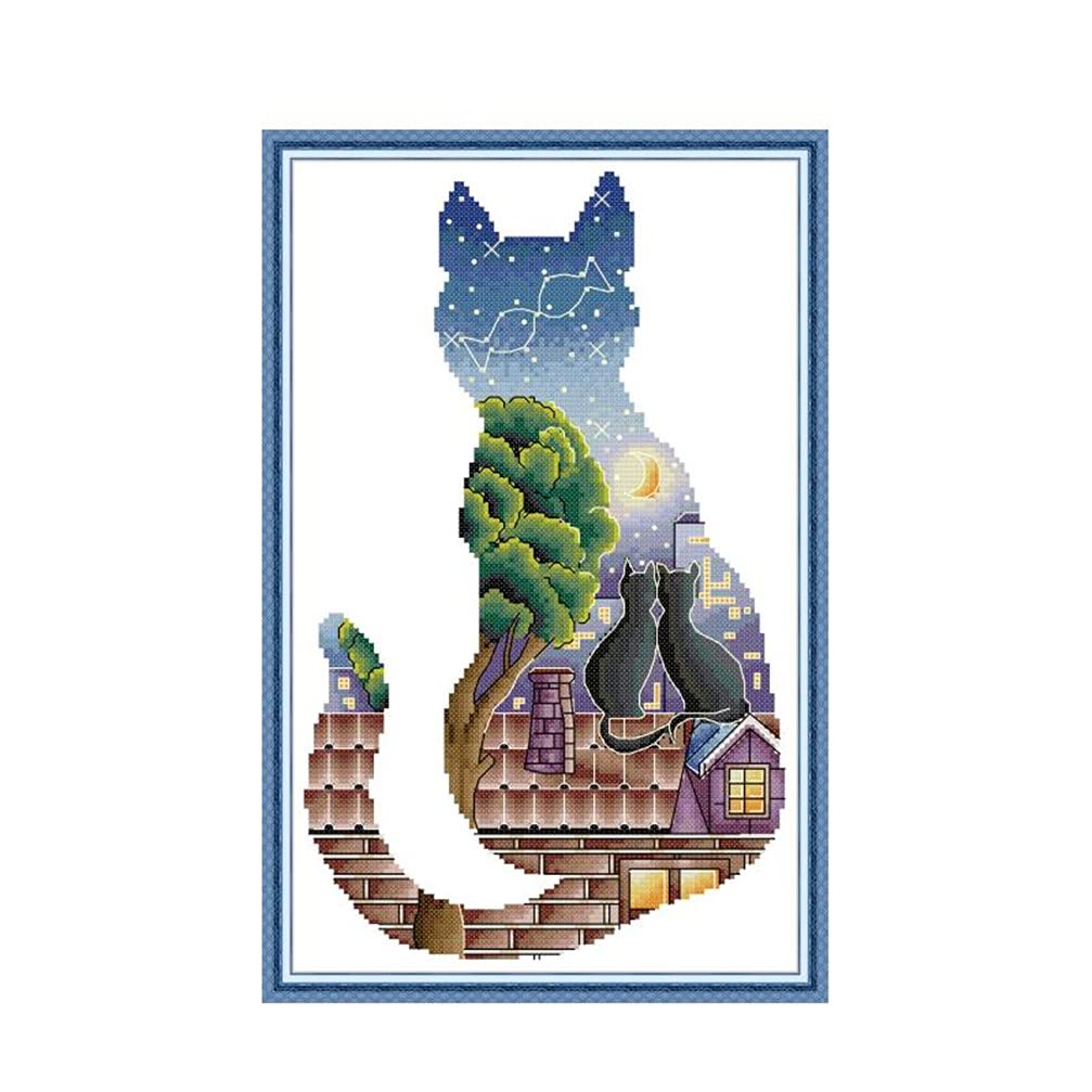CaptainCrafts Cross Stitch Kits Cat Stamped Cross Stitch Preprinted Fabric Embroidery Kits Needlework Crafts (Stamped 11CT, Cat Light and Shadow)