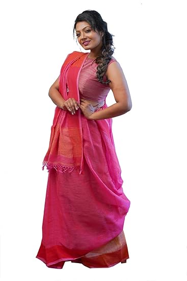 Pure Linen Pink Womens Saree with Blouse Piece (Free Size)
