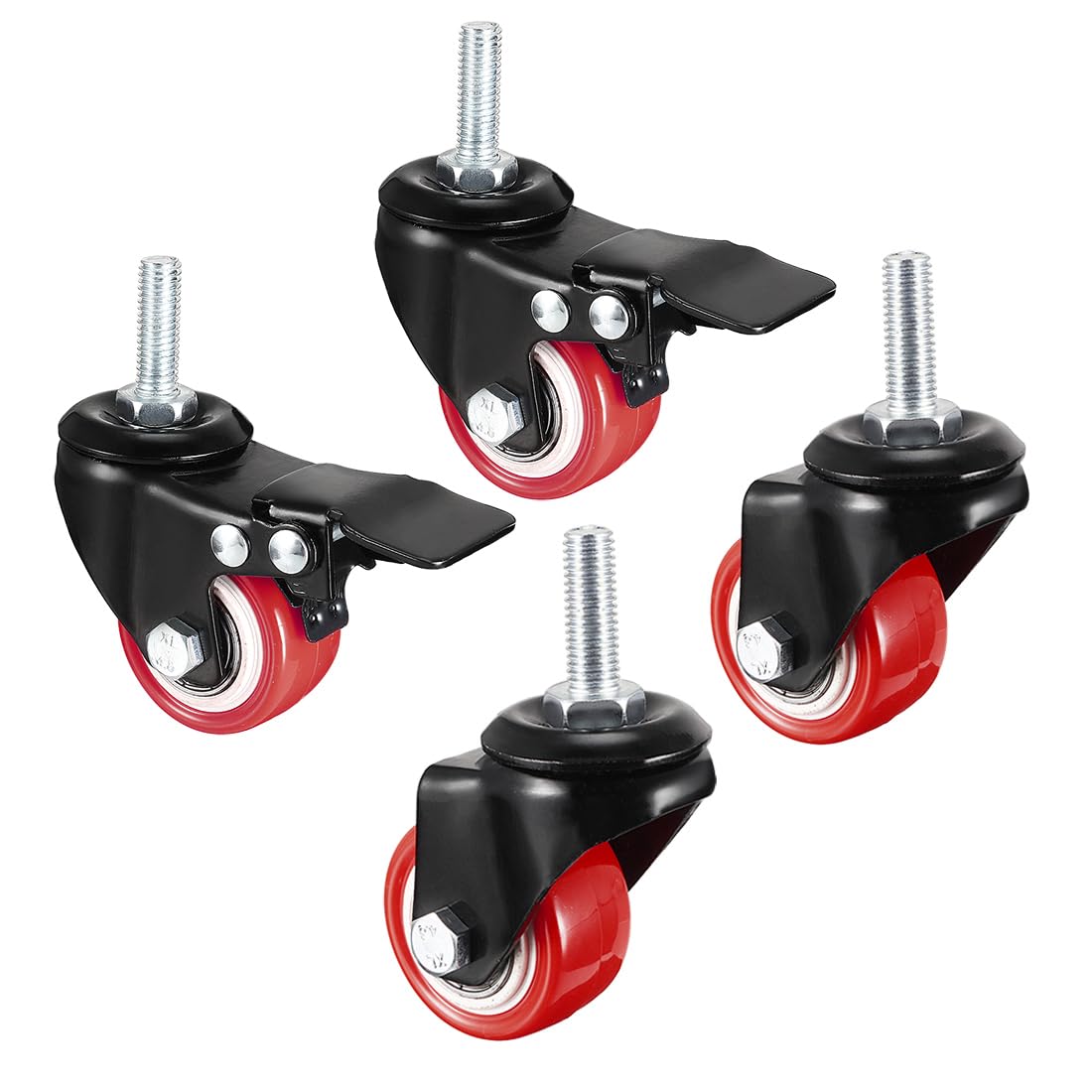 sourcing map 1.5 Inch Swivel Caster Wheels PU 360 Degree Threaded Stem Caster Wheel M10 x 25mm, 330lb Total Load Capacity, Pack of 4 (2 Pcs with Brake, 2 Pcs No Brake)