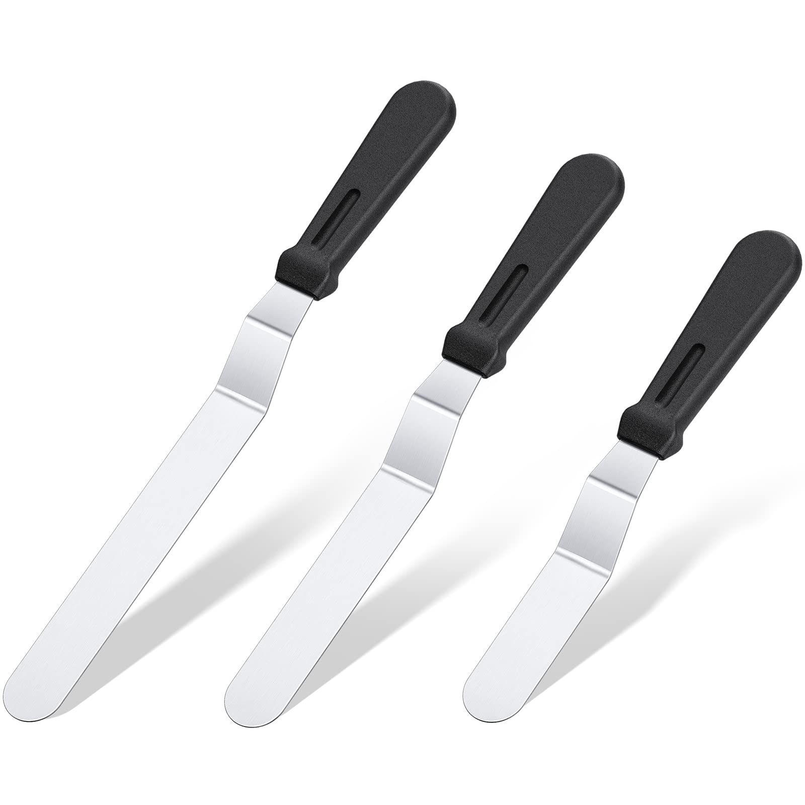 U-Taste Icing Spatula Set of 3: 18/0 Stainless Steel Cake Palette Knife, Angled Offset Spatula for Baking Cake Decorating Frosting, 15/20/25cm Metal Blade with 12cm PP Plastic Handle (Black)