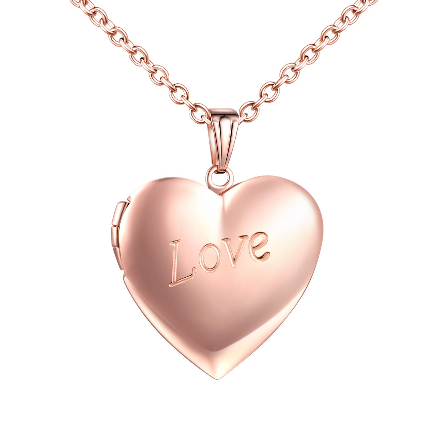 Heart Locket Pendant Necklace for Women Girls "Love" Engraved with Box Greeting Card