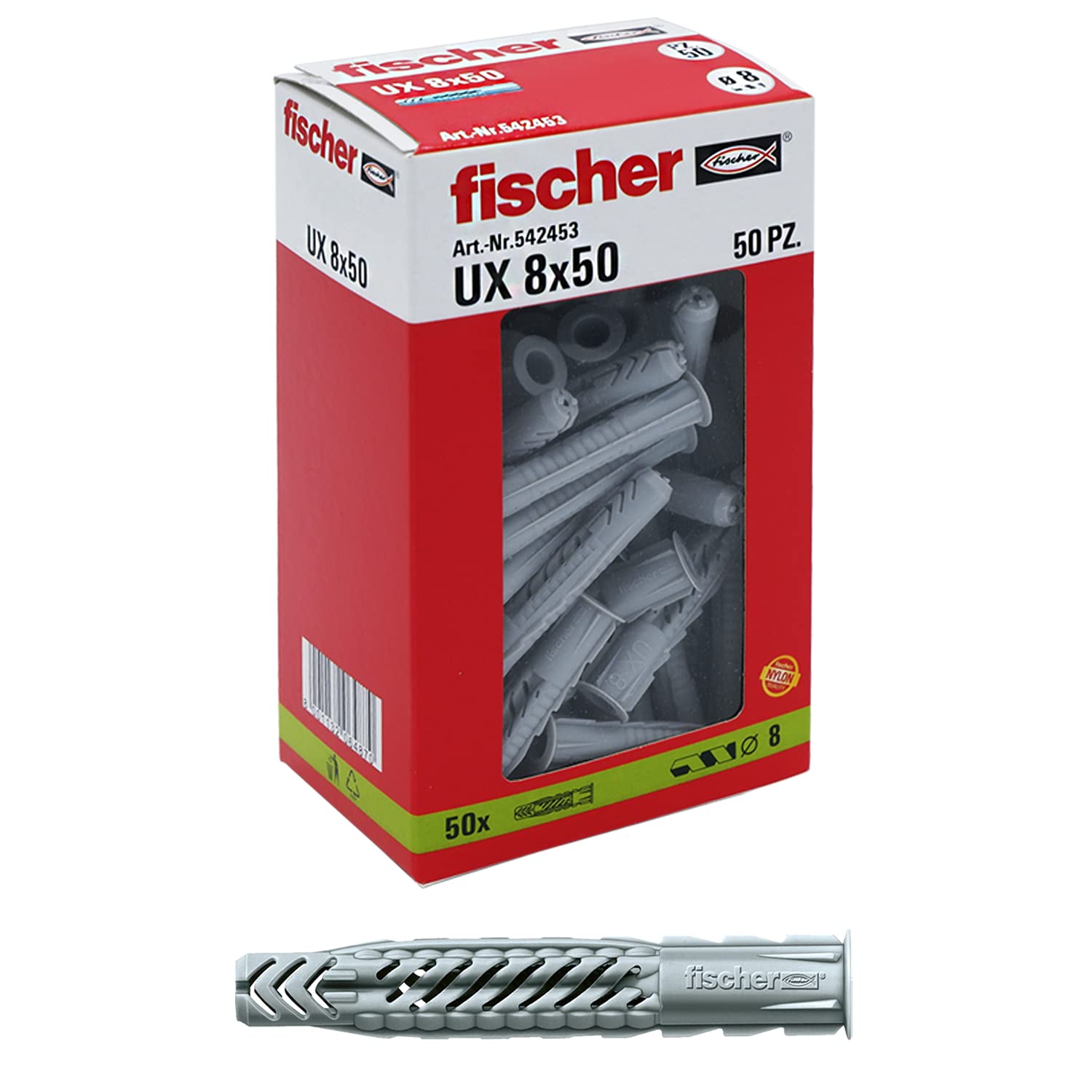 Fischer 542453 50 Dowels for Solid Wall, Perforated Brick, Plasterboard, 542453, Grey, 8 x 50 mm