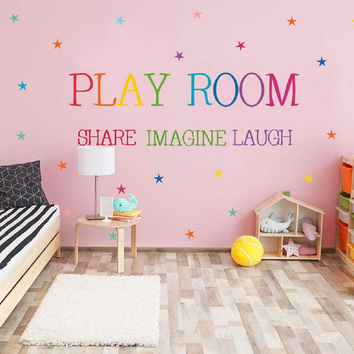 Rainbow Play Room Share Imagine Laugh Inspirational Quotes Peel and Stick Wall Decals Colorful Stars DIY Decoration for Home Office Nursery Decor