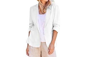 Womens Vintage Linen Blazer Business Casual 3/4 Sleeve Lapel Open Front Suit Jackets Work Office Blazers with Pockets