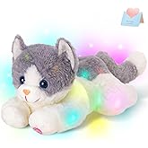 Houwsbaby 15" Gray Light up Kitty Stuffed Animal Cat Floppy LED Plush Toy Kitten Night Lights Glow Pillow Birthday Festival Christmas Halloween Presents for Kids Toddler Girls