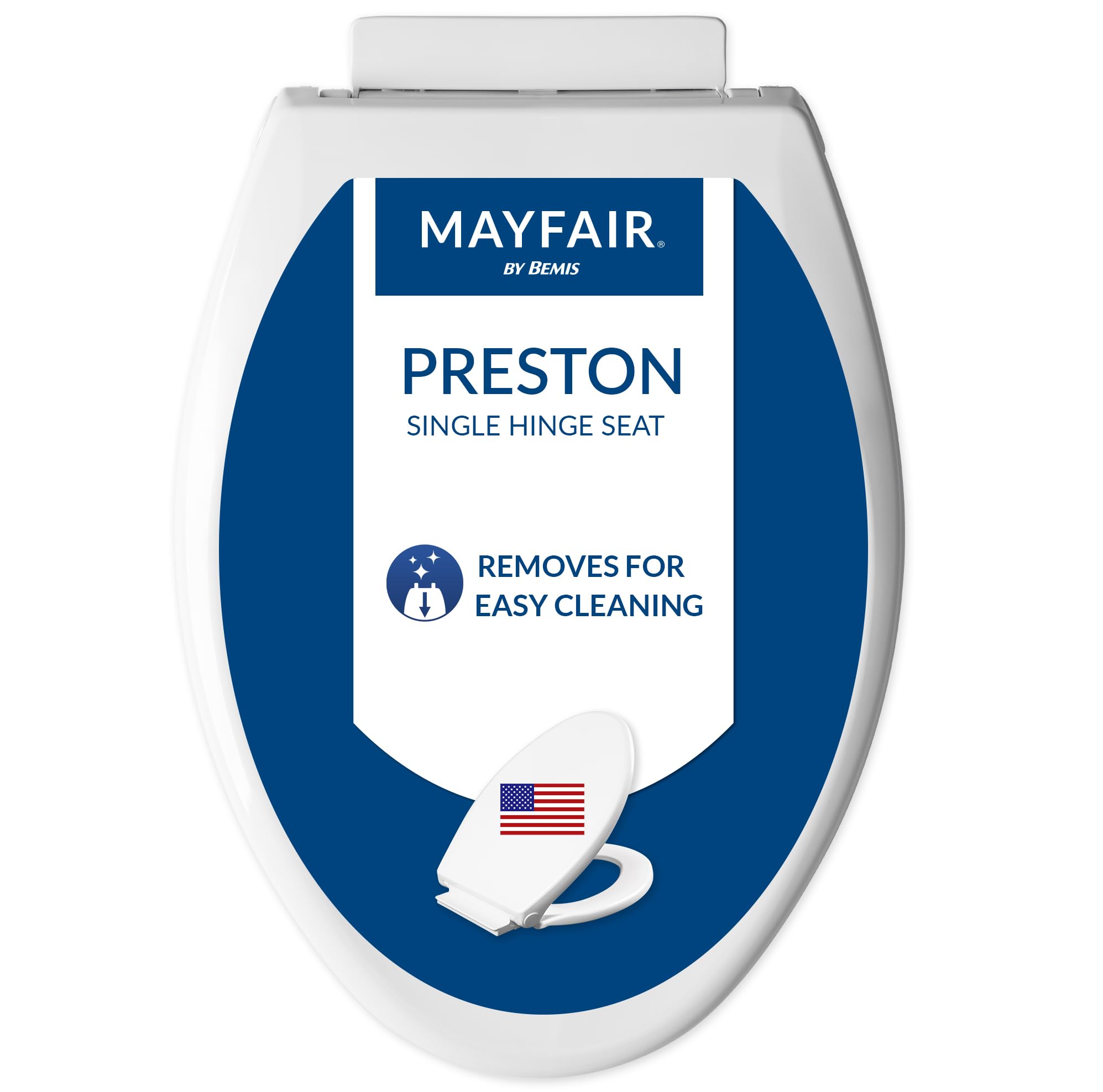 Mayfair Preston Easy to Clean Single Hinge Toilet Seat, Modern Slow Close Plastic Toilet Seat, Made in USA, Elongated, White Image