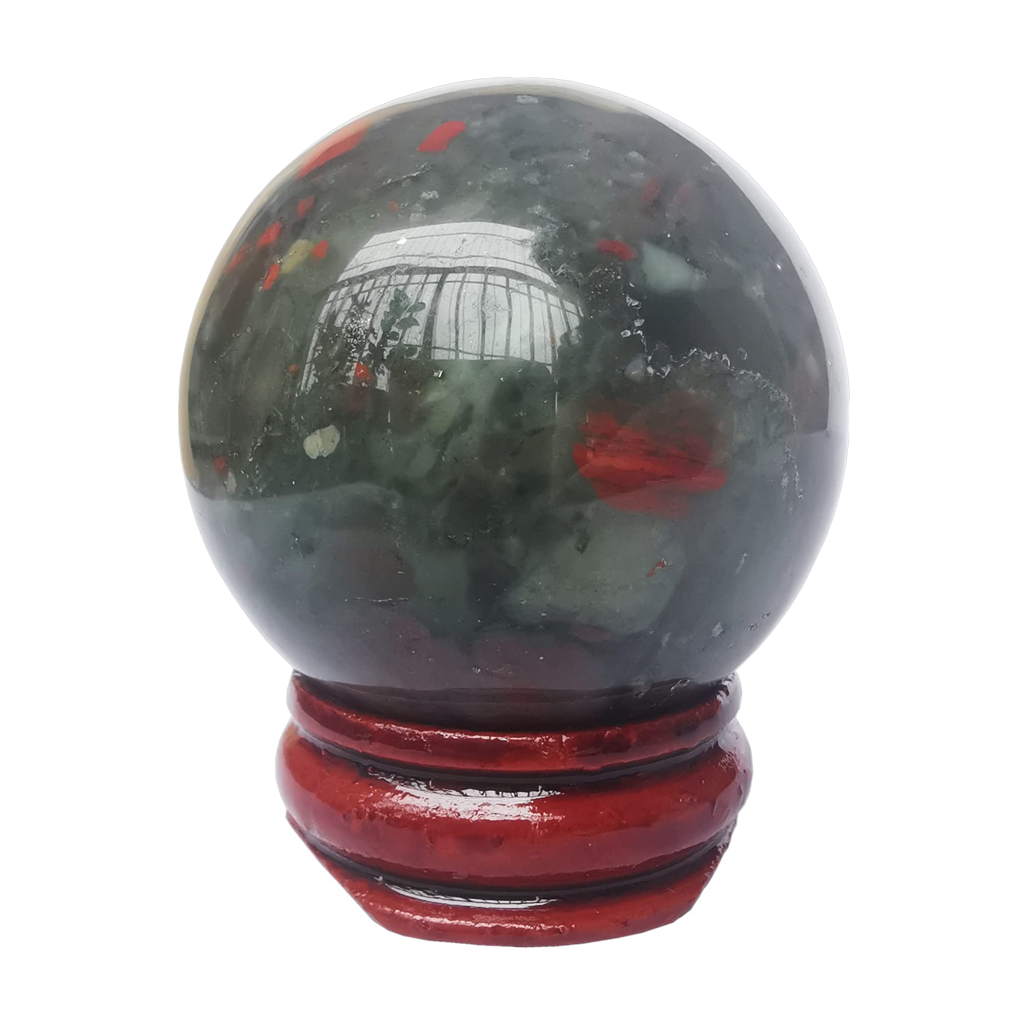 Manekieko 40mm African Bloodstone Healing Crystal Divination Sphere Sculpture Figurine Gemstone Ball,Feng Shui Chakra Aura Home Desk Decor Decorative Collection,With Wooden Stand