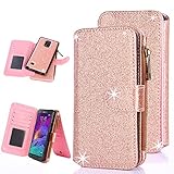Galaxy Note 4 Case, Note 4 Case, CaseUp 12 Card Slot - [Zipper Cash Storage] Premium Flip PU Leather Wallet Case Cover With Detachable Magnetic Hard Case For Samsung Galaxy Note 4 - Glitter Rose Gold