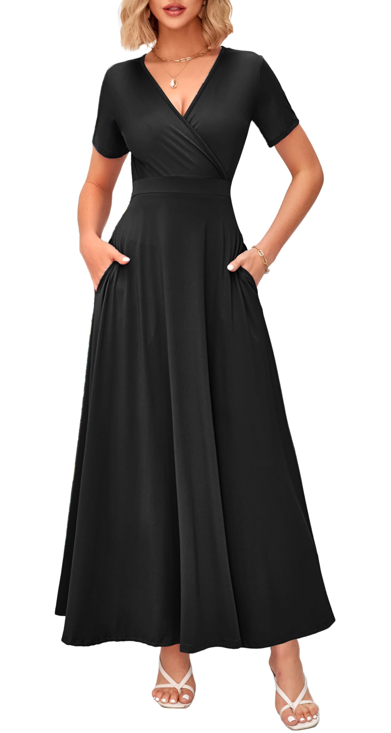 WNEEDU Women's Summer Maxi Dress Short Sleeves Wrap V Neck Long Dresses with Pockets(Black,L) Image WNEEDU Women's Summer Maxi Dress Short Sleeves Wrap V Neck Long Dresses with Pockets(Black,L) Image