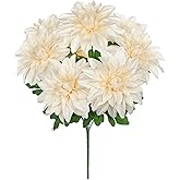 Hollyone White Artificial Dahlia Flowers Bush 7 Heads Silk Fake Dahlias Flowers with Stems Wedding Bouquets Faux Dahlia Flowers Floral Arrangements for Outdoor Indoor DIY Table Centerpieces Home Decor
