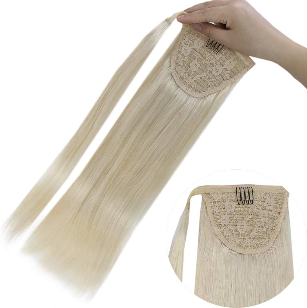 YoungSee 18inch Ponytail Human Hair Piece Platinum Blonde Solid Color Clip in Wrap Ponytail Remy Hair Extensions 80G