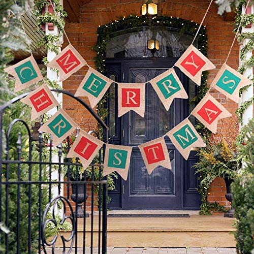 Merry Christmas Flags Banner Indoor Burlap Outdoor Bunting Banner Garland for Cafe Restaurant Party Garden Decoration