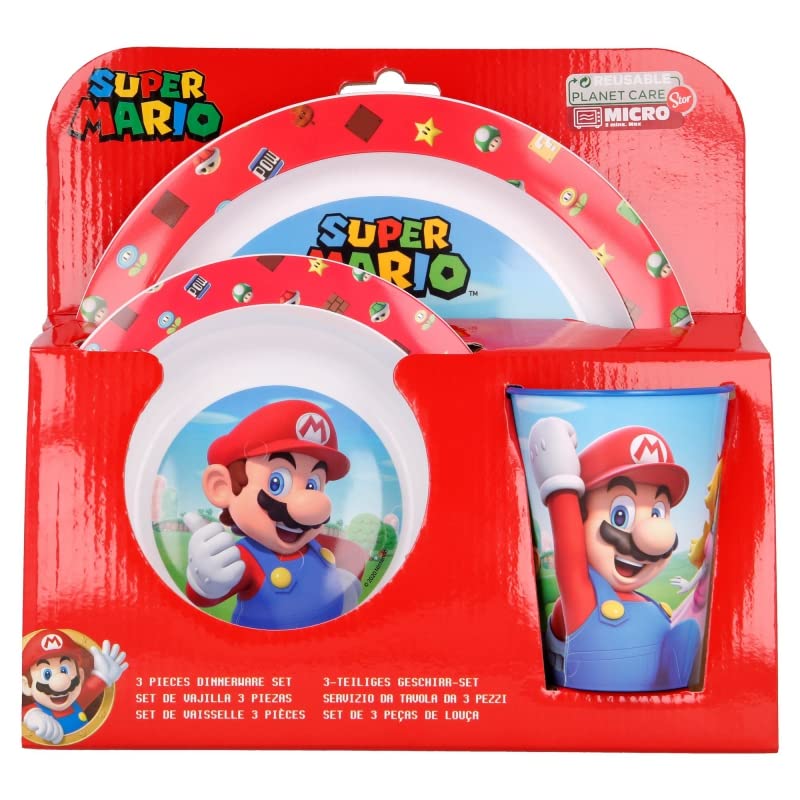 Microwave Safe 3pcs Character Animation Cartoon Dinner Tableware Set Plate, Bowl & Cup, BPA Free re-usable Plastic (Super Mario)