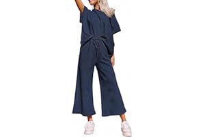 SHEWIN Women's 2 Piece Outfits Sweatsuit Casual Short Sleeve Pullover Tops and Drawstring Wide Leg Pants Lounge Sets
