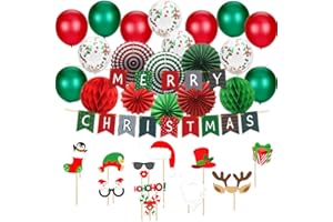 CVLZ Christmas Party Decorations Kit - Set Includes Merry Christmas Banner Paper Fans Honeycomb Balls Xmas Photo Booth Props Confetti Balloons Red Green Latex Balloons String for Indoors Office Home Decors