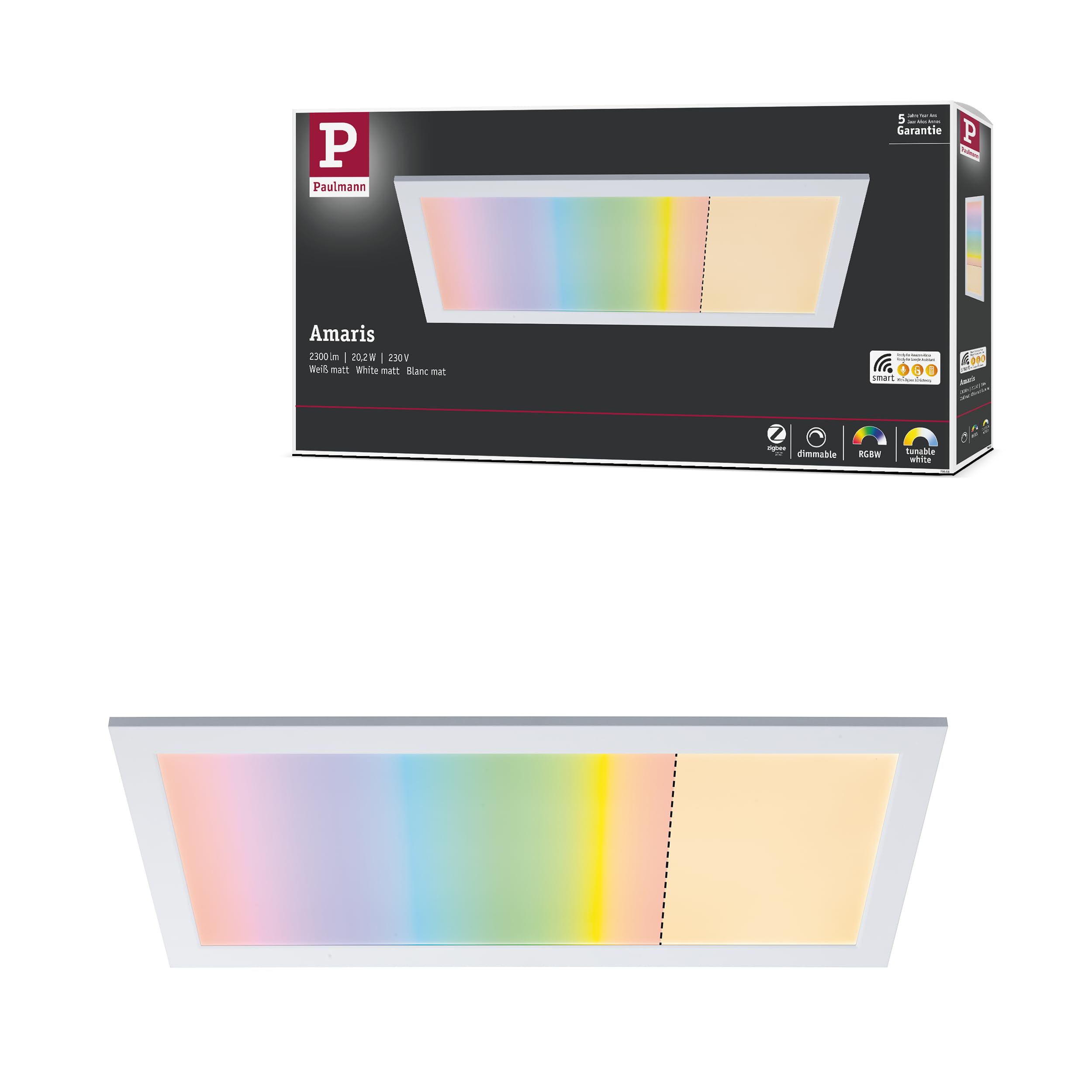 Paulmann 79808 LED Panel Amaris 595x295mm RGBW Smart Home Zigbee rect. incl. 1x22w dim. ceil. lum. matt white ceil. lamp metal living room lamp 2700K
