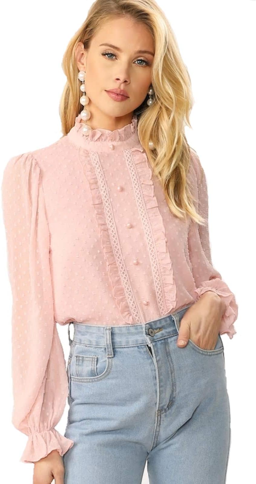 Mizago Women Casual Long Sleeve Solid Frill Front Design Blouse