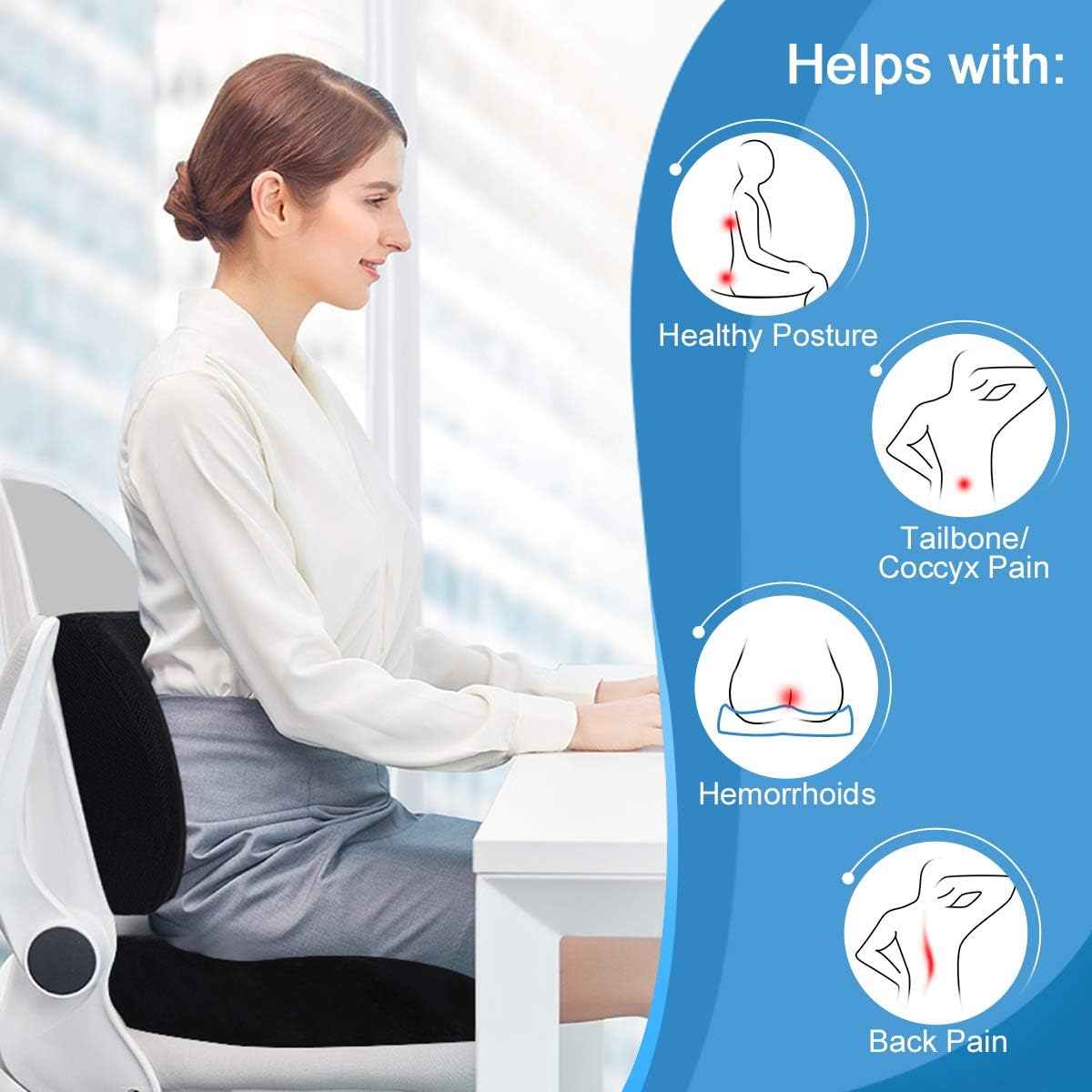Wishcush Memory Foam Seat Cushion and Lumbar Support for Office Chair, Desk Chair Cushions Ergonomically Designed for Coccyx, Tailbone, Butt and Lower Back: Home & Kitchen