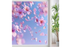 Dreamy Cherry Blossoms Stained Glass Window Film, Spring Elegant Floral Peel and Stick Privacy Film, Frosted Adhesive Vinyl D