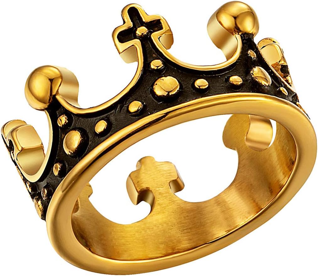 Vintage Stainless Steel Royal Crown Ring for Men Gold/Black Cross King Ring Size 6-12