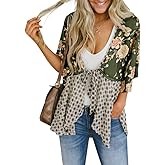 Women Floral Kimono Cardigans 3/4 Ruffle Sleeve Lightweight Patchwork Flowy Boho Tie Loose Cover Ups