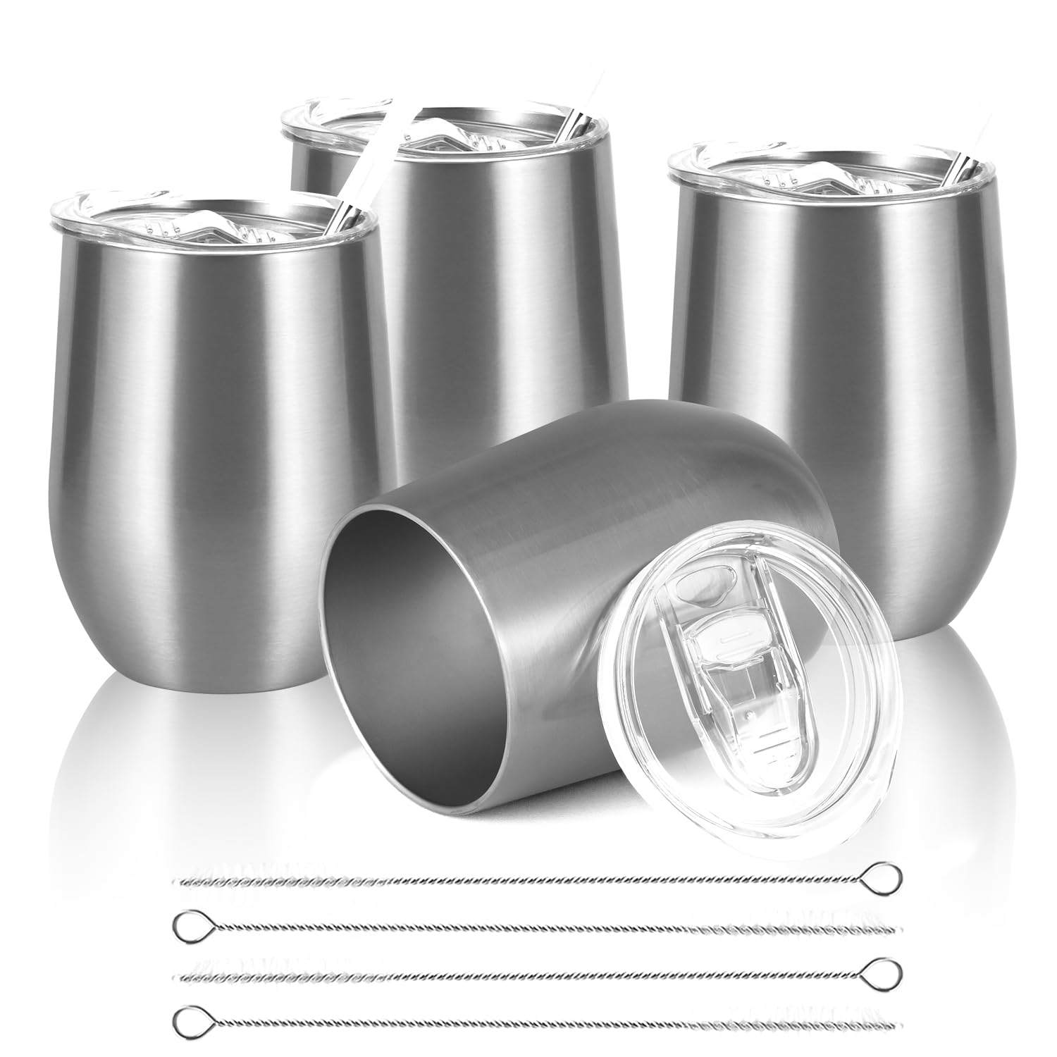 Joymaking Reusable Coffee Cup, Double Walled -Insulated Travel Mug Vacuum Stainless Steel Wine Tumbler with Spill Proof Lid, Great for Hot Cold Drinks Coffee Wine, 4 Piece Set 12 Oz Silver