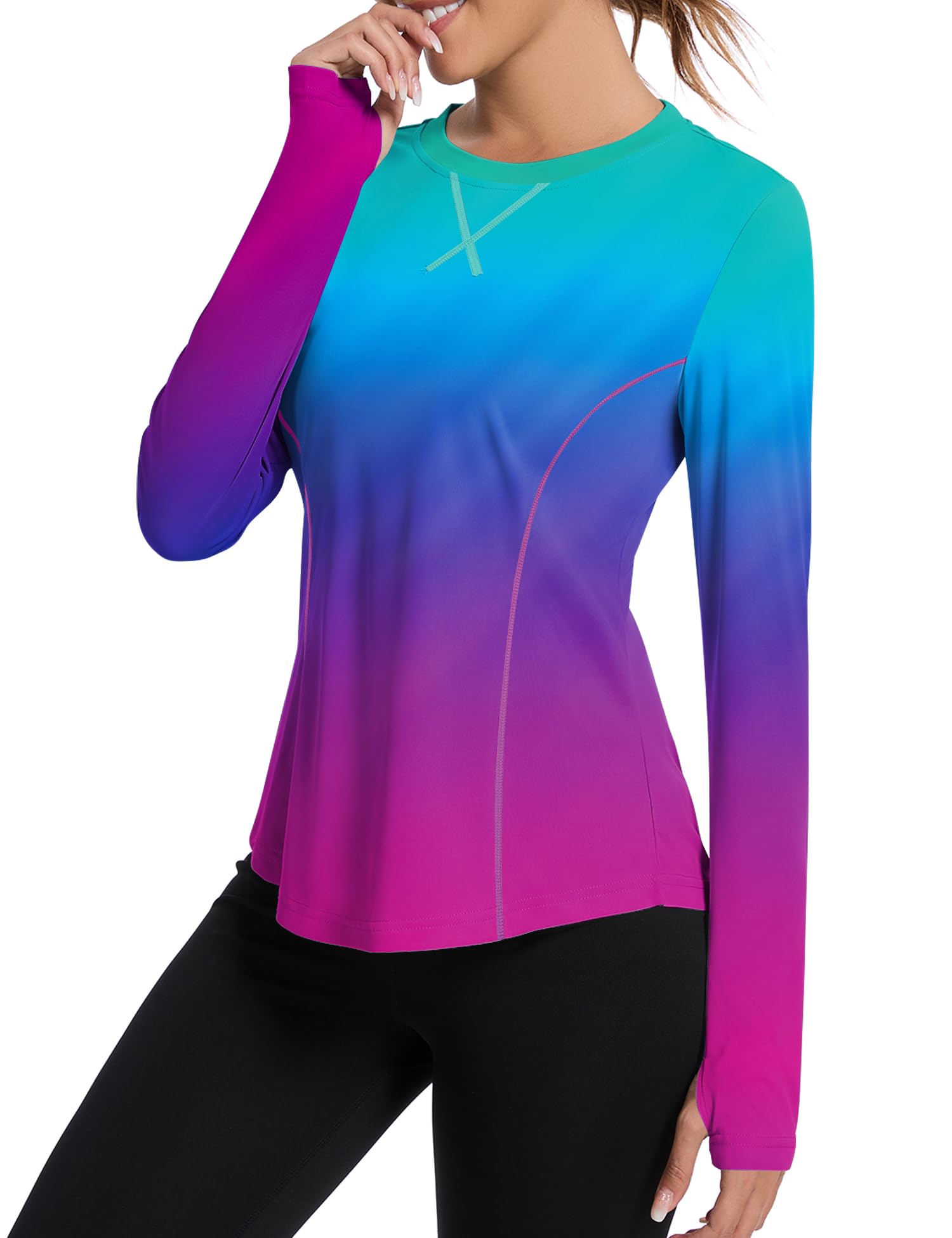 Photo 1 of ***MINOR DAMAGE*** Avoogue Womens Rashguard Long Sleeve with Thumb Holes Moisture Wicking UV Protection Shirts Workout Hiking Tops(Gradient Rainbow,M)