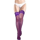 woosnscly Purple Thigh High Stockings for Women Sexy Lace Top Stockings Stay Up with Silicone Thigh High Nylons Silk Sheer Tights Lingerie for Women