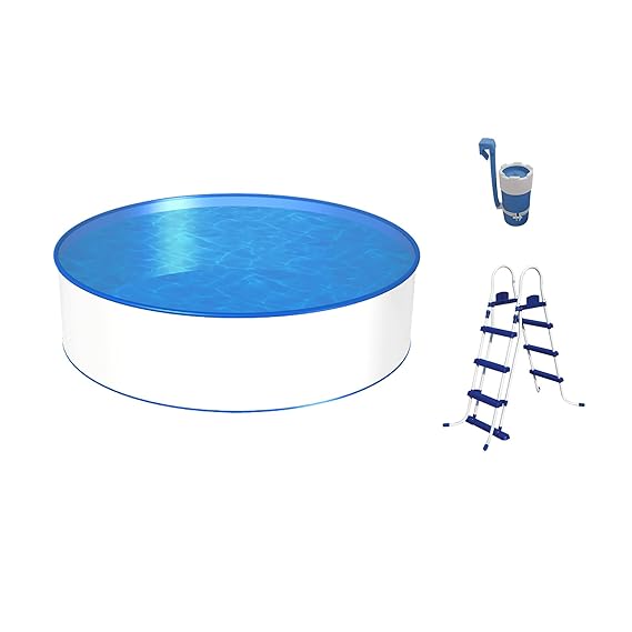 Poolset, Größe & Tiefe wählbar, Aufstellbecken mit 0,3mm Stahlwand, blaue Poolfolie, stabile Sicherheitsleiter und Kartuschen