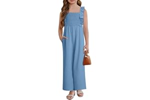 DOKOTOO KIDS Girls Jumpsuit Ruffle Sleeveless Smocked Wide Leg Romper One Piece Summer Outfits with Pockets