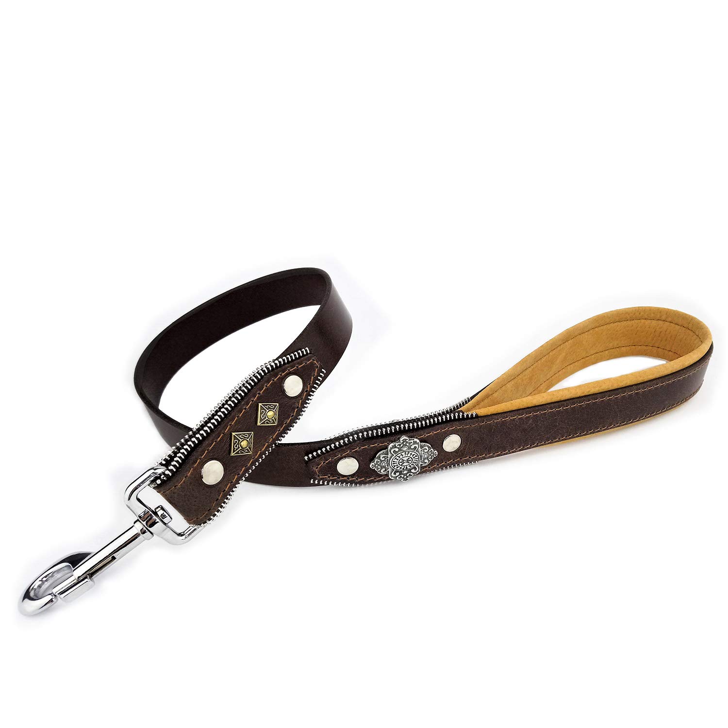 Bestia Aztec genuine leather heavy duty short leash. 35.5 inch long, 1.2 inch wide. Soft padded handle. Handmade quality