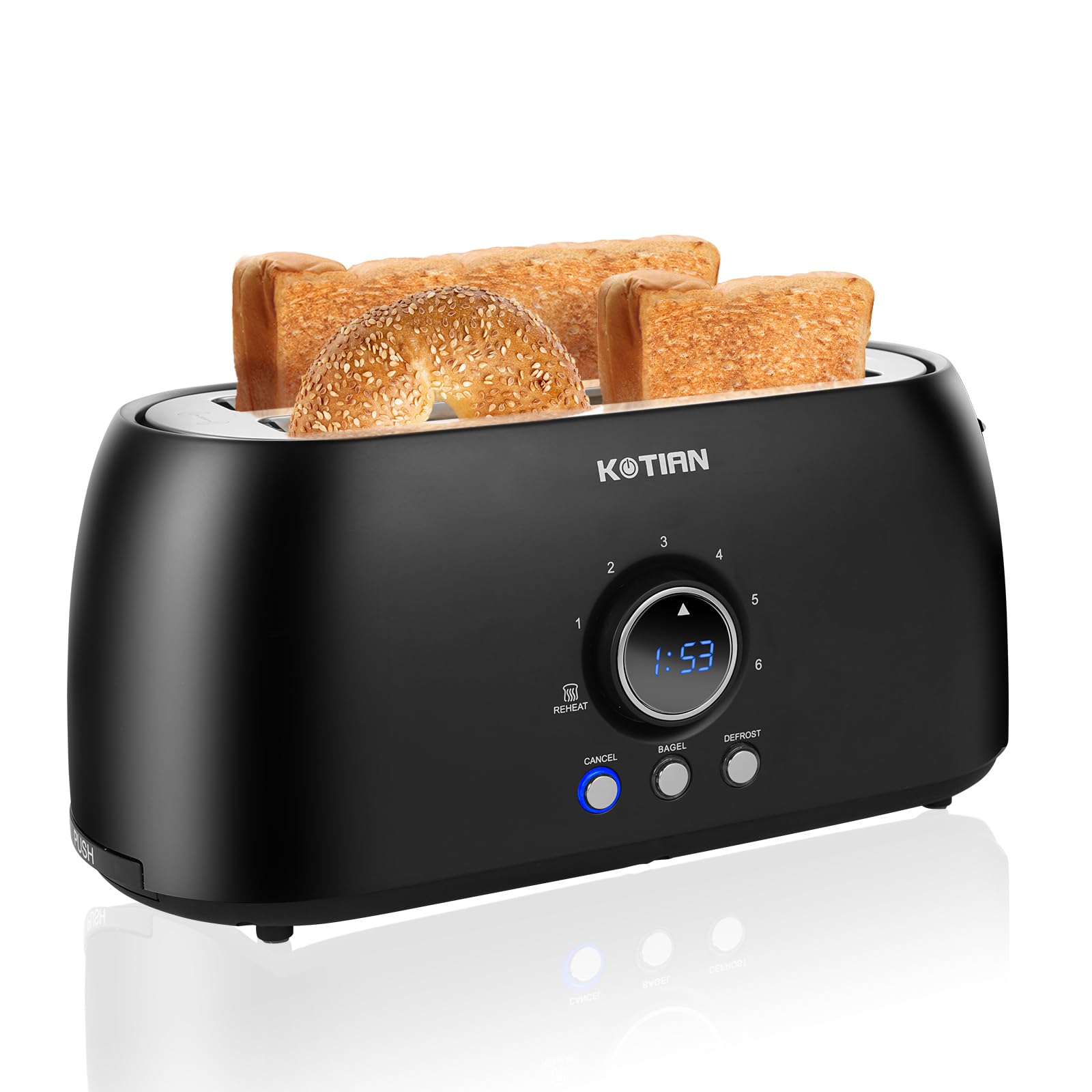 Photo 1 of Toaster 4 Slice,KOTIAN Retro Long Slot Toasters with Countdown Timer,Stainless Steel Toaster,Bagel,Defrost,Reheat,Cancel Functions,Extra Wide Slots,6 Toast Settings,Removable Crumbs Tray,Matte black