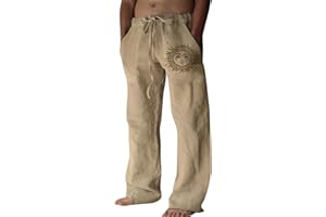 Puimentiua Cotton Linen Pants Men, Summer Beach Pants Loose Fit with Elastic Waist Drawstring