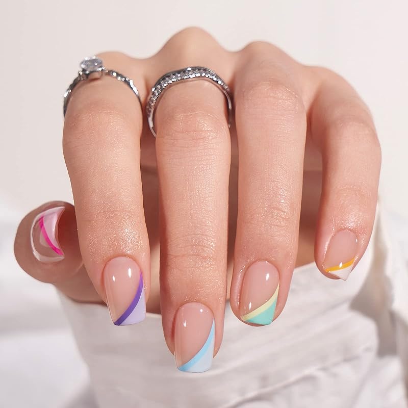 BTArtbox Press On Nails Short 30 Pcs French Tip with Glue Tabs 15 Sizes
