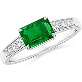 Angara Natural Emerald Ring for Women | East West Emerald-Cut Emerald Solitaire Ring with Diamond Accents in 14K Solid Gold/Platinum | May Birthday, Anniversary, Gemstone Jewellery Gift