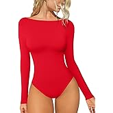 OQQ Bodysuits for Women Boatneck Long Sleeve Basic Stretch Classic-Fit Tops Sexy Bodysuit