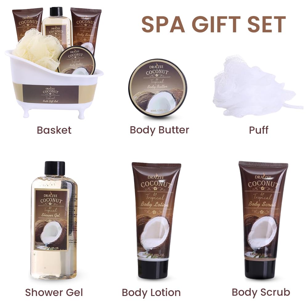 Draizee Luxury 5 Pcs Draizee Coconut Scented Spa Gift Basket for Women Bath & Body Set Lotion, Scrub & Butter, Shower Gel & Puff, Self Care Gifts for Mom