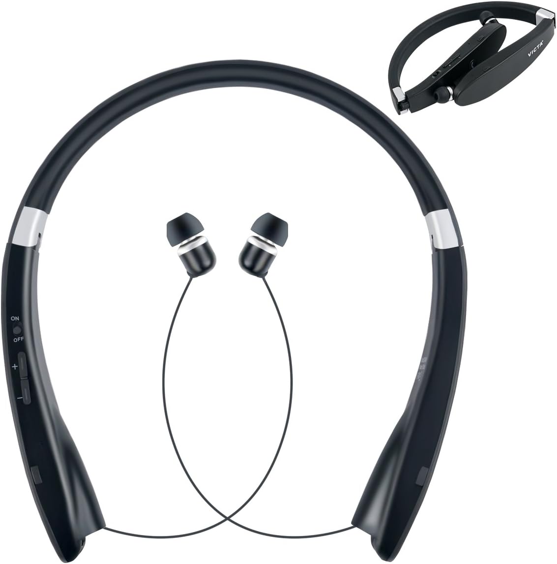 Bluetooth Headphones VICTA Wireless Stereo Headphones Neckband with Retractable Earbuds for iPhone/Samsung/Sony/iPad and other Bluetooth Device (BLACK 991)