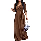 FANDEE Women's 2026 Maxi Dress - Solid Color Bohemian Summer Long Maxi Dress V-Neck 3/4 Sleeve