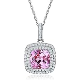 RANDES Birthstone Necklace for Women Girls 925 Sterling Silver Cushion/Pear Cut Created Gemstone Halo Pendant Necklace Birthstone Jewelry